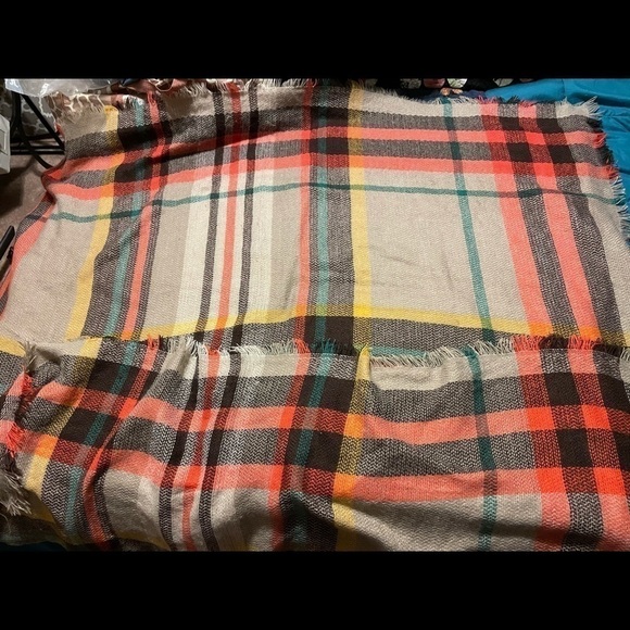 WRAP/SCARF 54” square plaid brown orange teal gold on tan colors fringed. - Picture 4 of 4